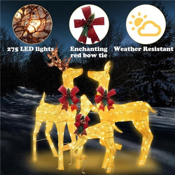 Set of 3 Lighted Christmas Deer Decor with 275 LED, Large Light Up Gold Reindeer - Picture 2 of 6